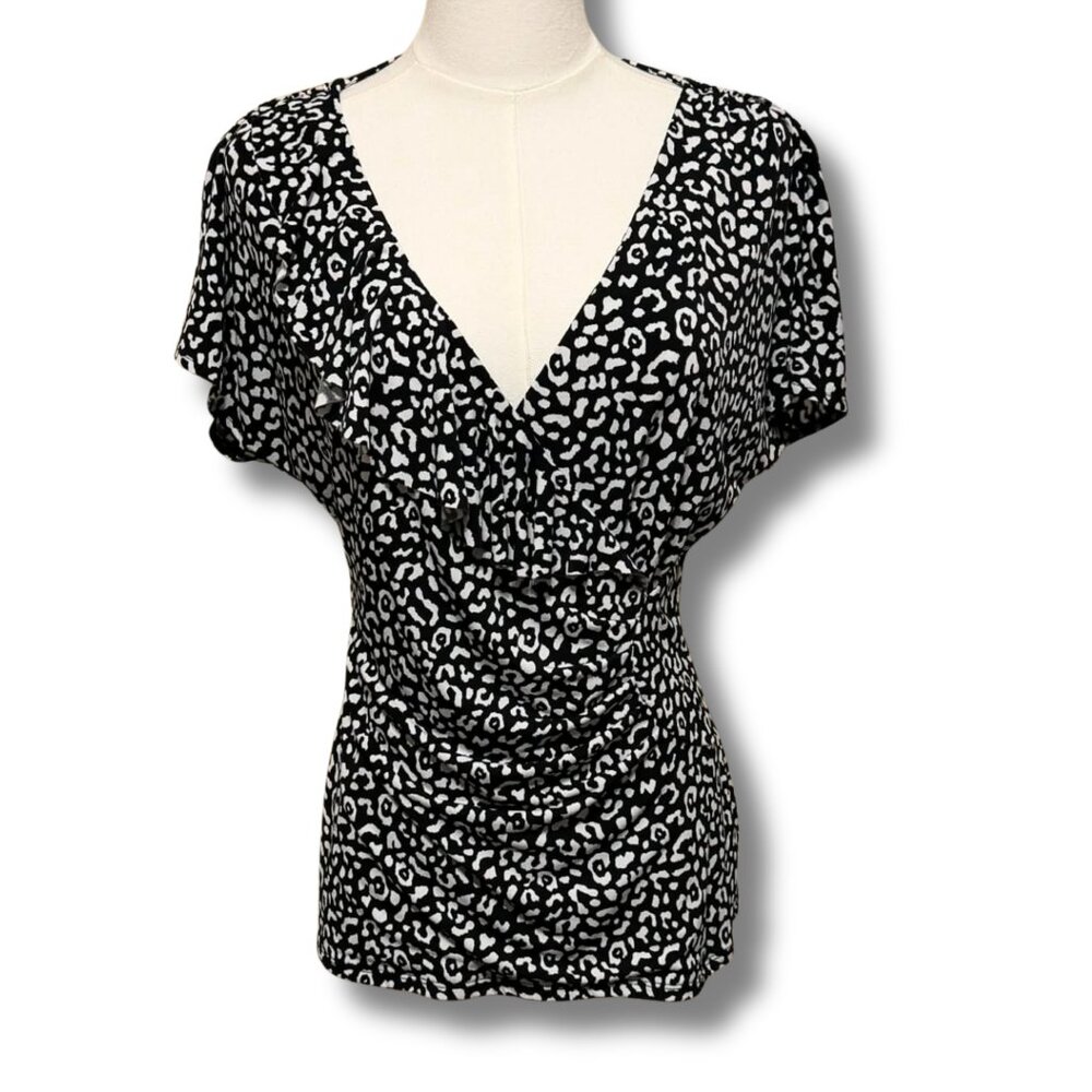 White House Black Market Ruched Flutter Sleeve B&W Leopard Print Wrap Top | Sz S